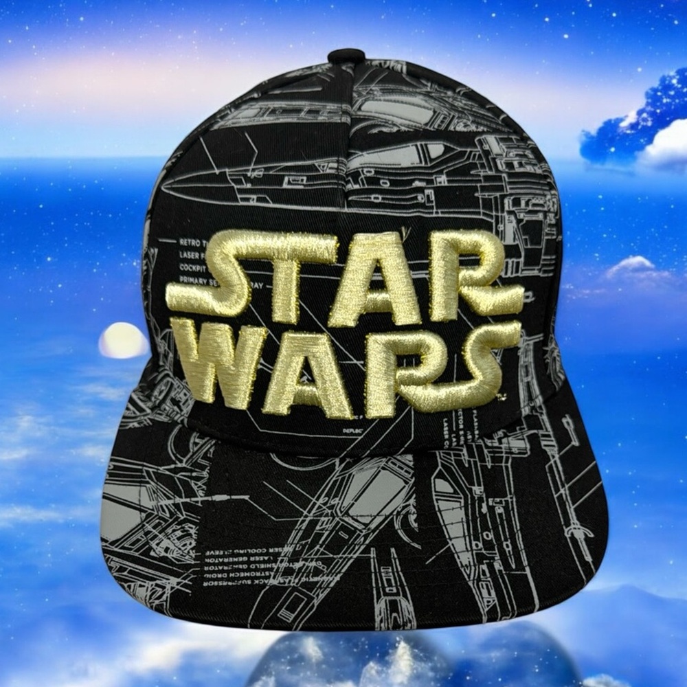 NWOT Star Wars Lucafilms THINKGEEK X-Wing Blueprint Black Gold Graphic Hat Cap